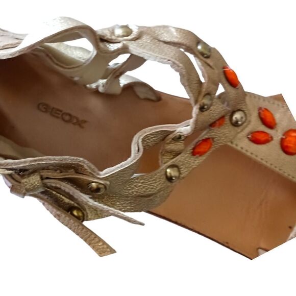 Geox Cuoio Gladiator Sandals Sz 10 Vtg 90s Y2K Womens Gold Leather Strappy Beads - Picture 13 of 16